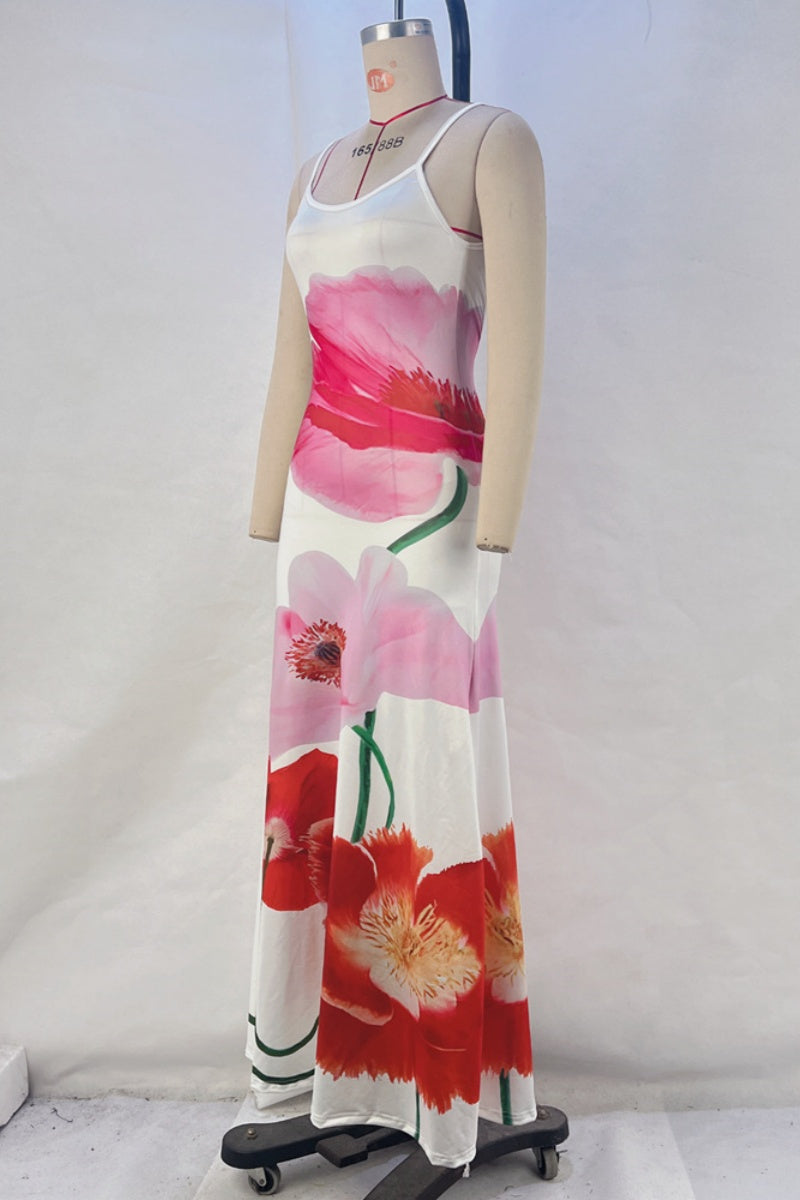 Casual Print Backless Spaghetti Strap Long Dresses