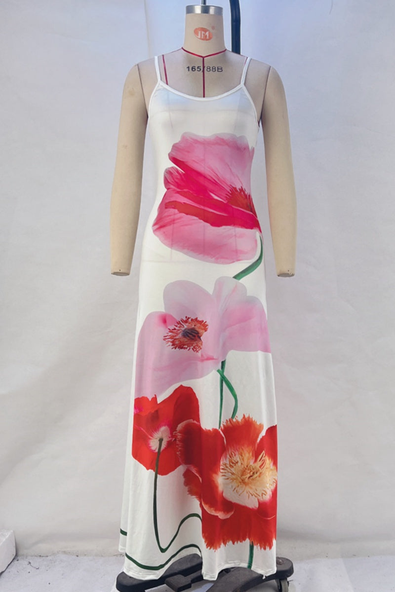 Casual Print Backless Spaghetti Strap Long Dresses