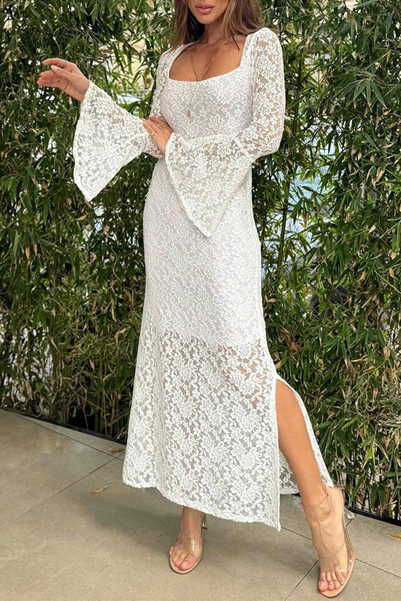 Solid Lace Slit O Neck One Step Skirt Dresses