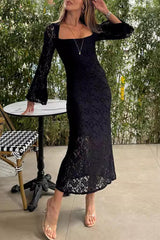 Solid Lace Slit O Neck One Step Skirt Dresses