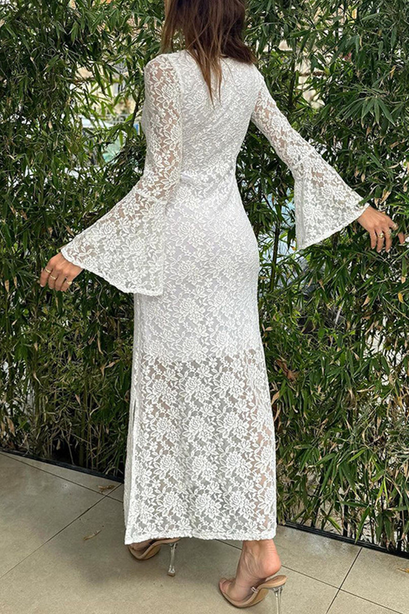 Solid Lace Slit O Neck One Step Skirt Dresses