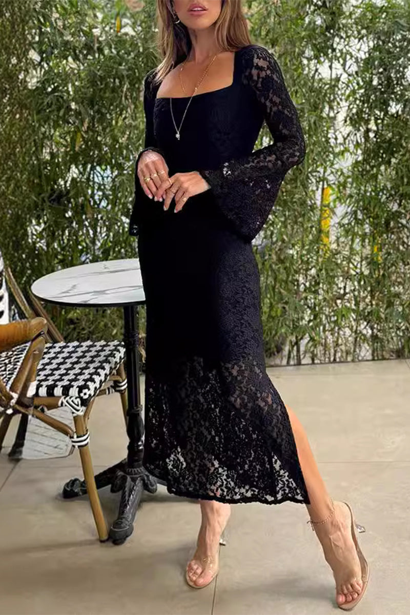 Solid Lace Slit O Neck One Step Skirt Dresses