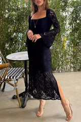 Solid Lace Slit O Neck One Step Skirt Dresses