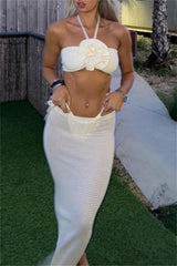 Solid Bandage Backless Slit Halter Sleeveless Three Piece Set