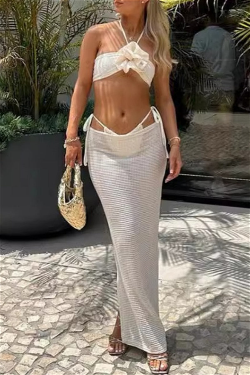 Solid Bandage Backless Slit Halter Sleeveless Three Piece Set