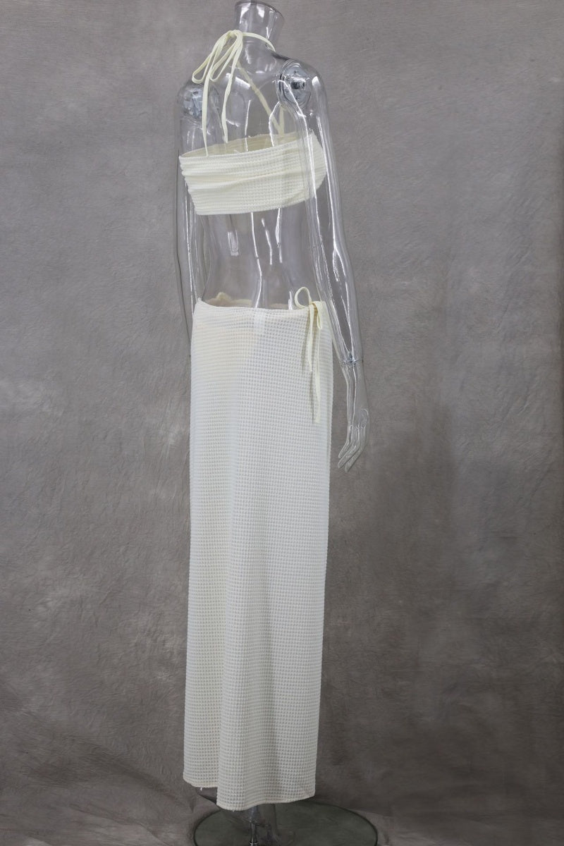 Solid Bandage Backless Slit Halter Sleeveless Three Piece Set
