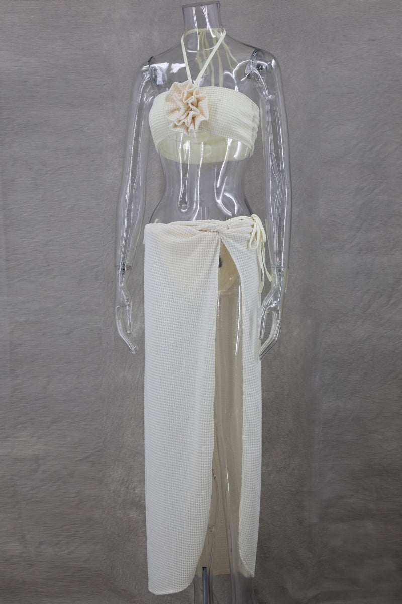 Solid Bandage Backless Slit Halter Sleeveless Three Piece Set