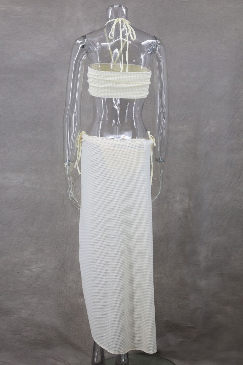 Solid Bandage Backless Slit Halter Sleeveless Three Piece Set