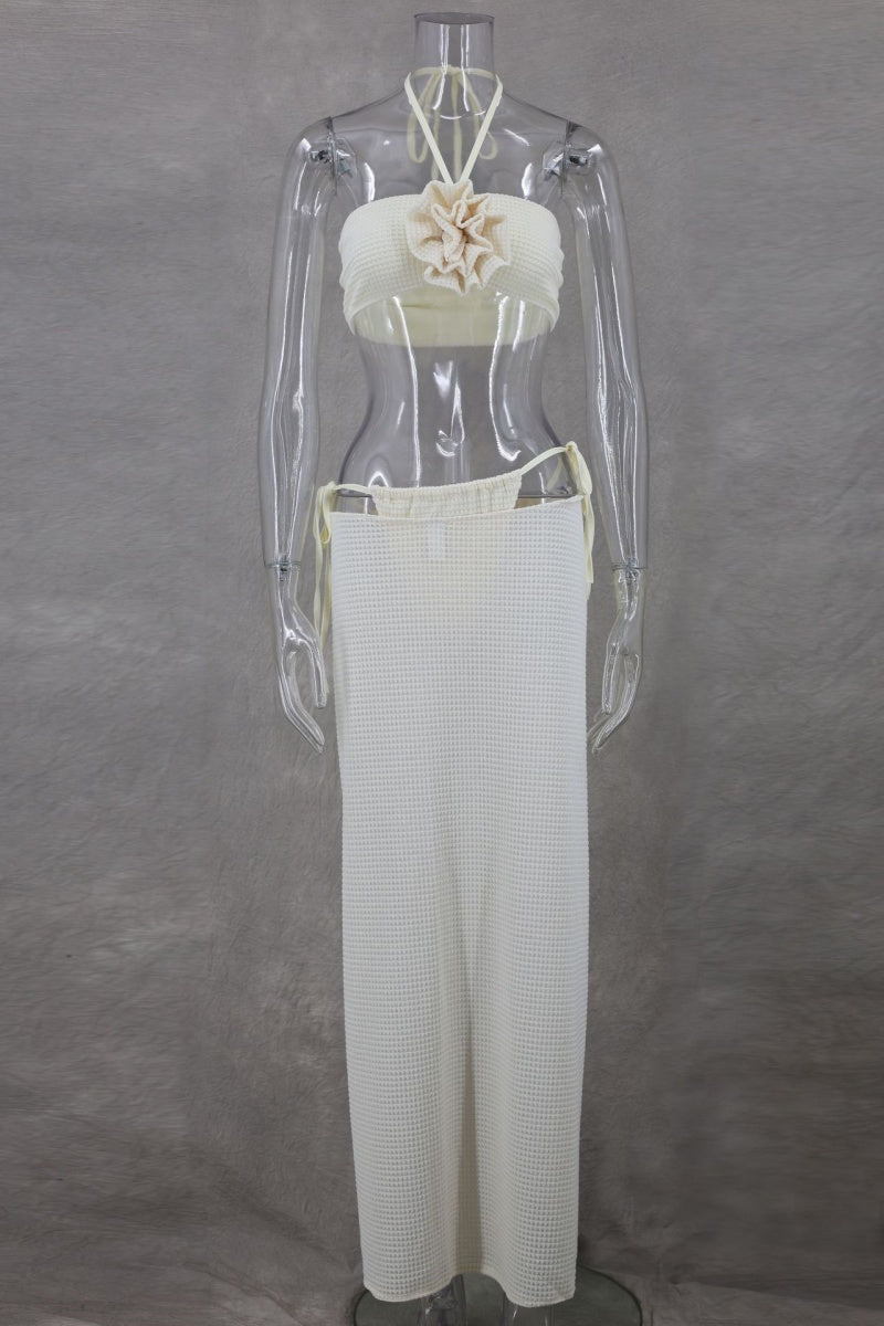 Solid Bandage Backless Slit Halter Sleeveless Three Piece Set