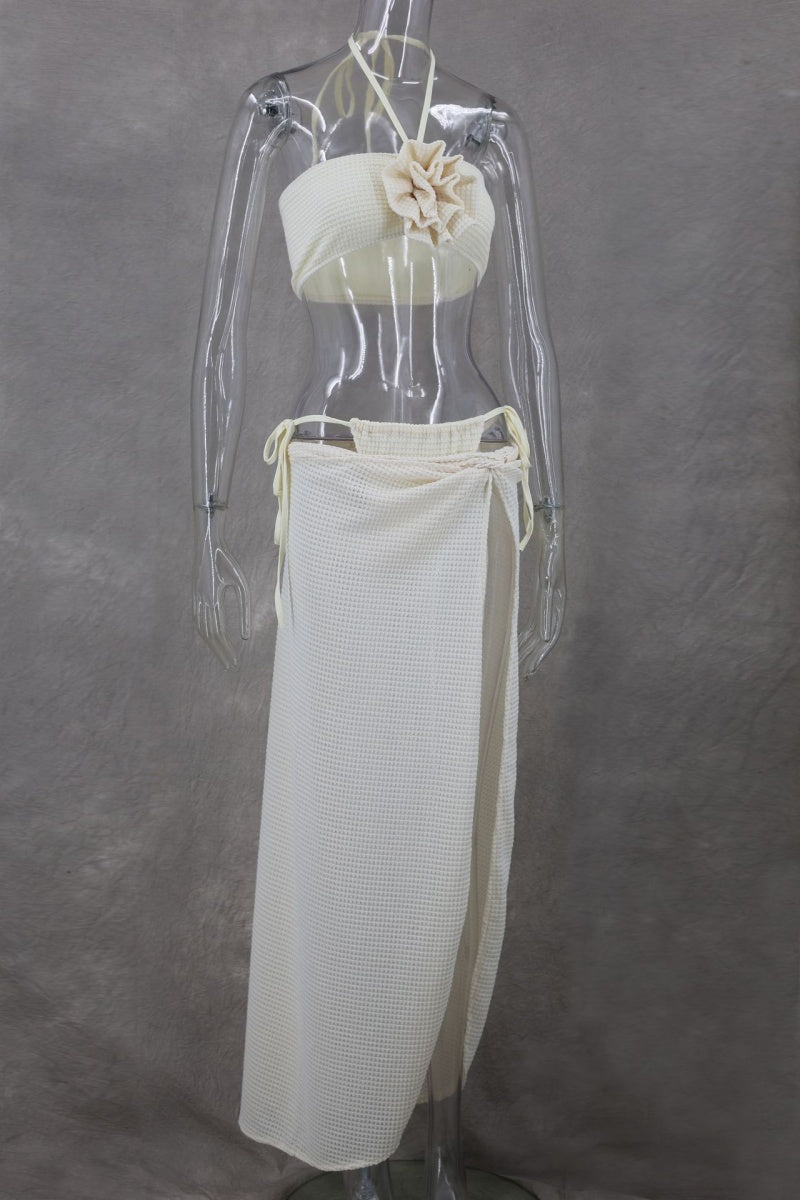 Solid Bandage Backless Slit Halter Sleeveless Three Piece Set