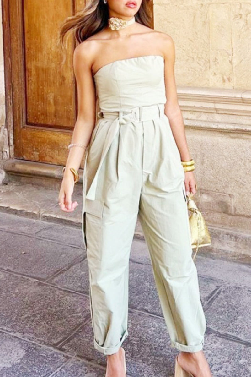 Street Solid Pocket Strapless Regular Jumpsuits
