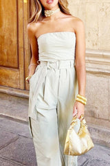 Street Solid Pocket Strapless Regular Jumpsuits
