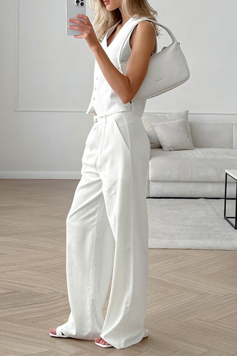 Pocket Buttons V Neck Sleeveless Two Pieces