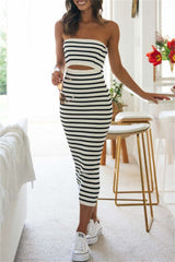 Striped Print Patchwork Hollow Out Backless Contrast Strapless Sleeveless Dresses