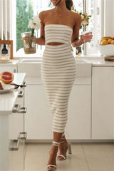Striped Print Patchwork Hollow Out Backless Contrast Strapless Sleeveless Dresses