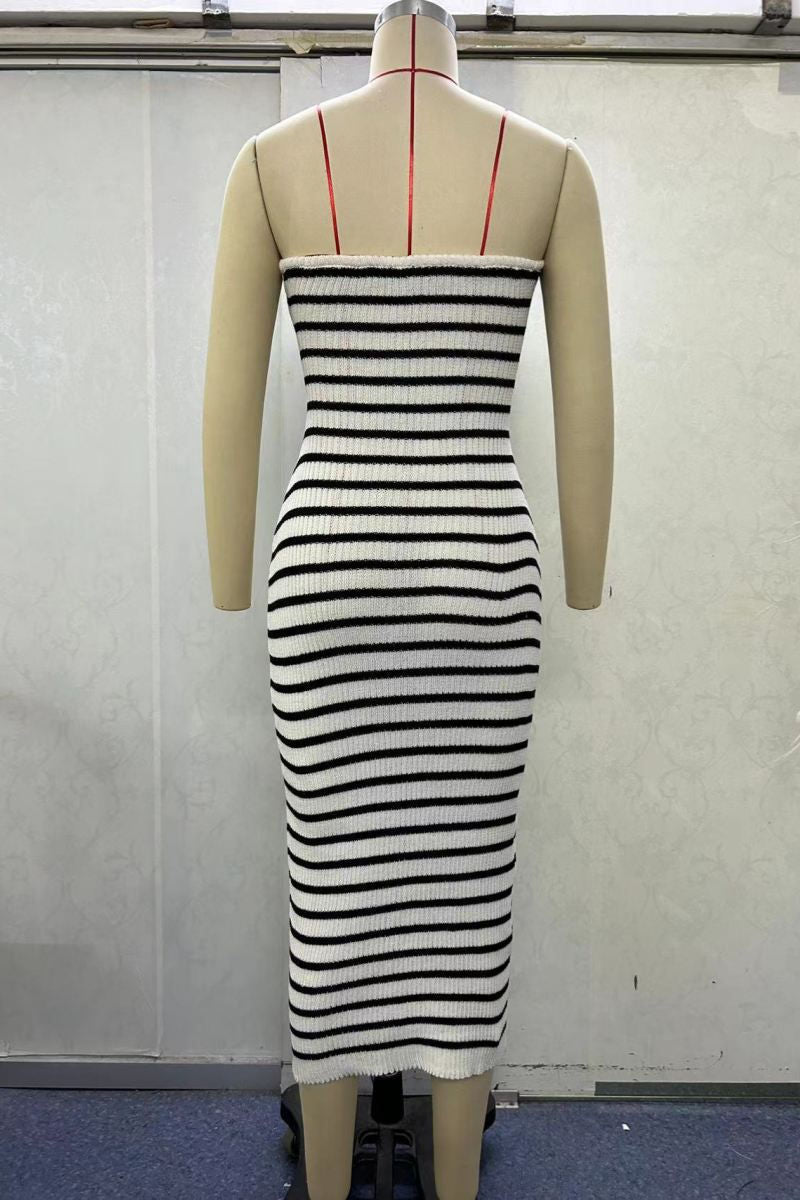 Striped Print Patchwork Hollow Out Backless Contrast Strapless Sleeveless Dresses