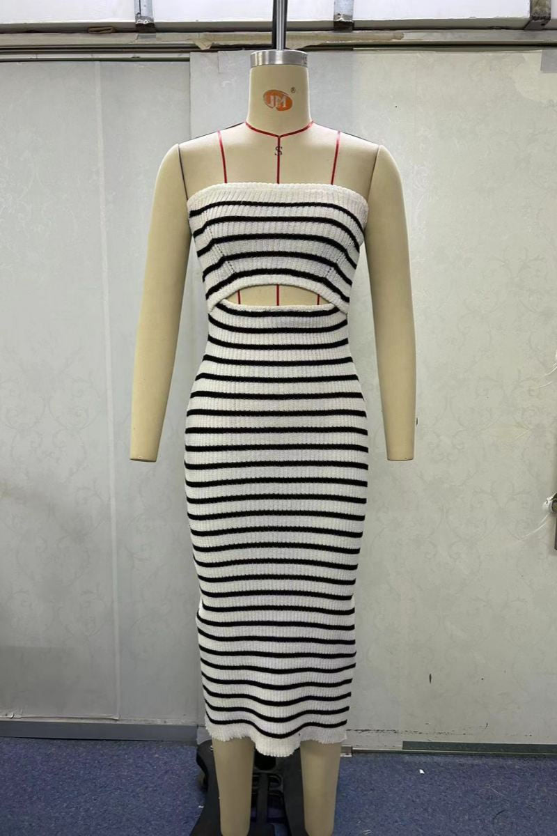 Striped Print Patchwork Hollow Out Backless Contrast Strapless Sleeveless Dresses