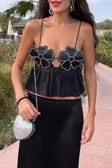 Solid Color Appliques Hot Drill V Neck Tops