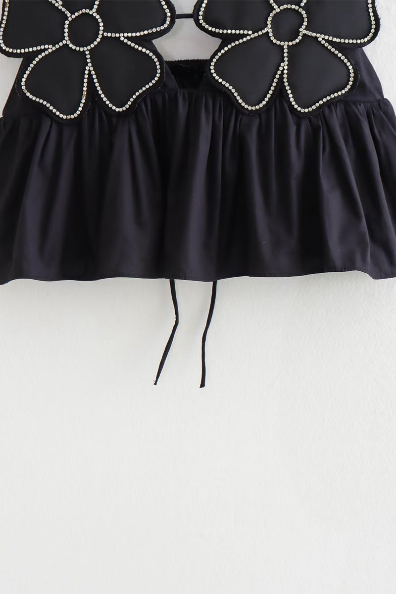 Solid Color Appliques Hot Drill V Neck Tops