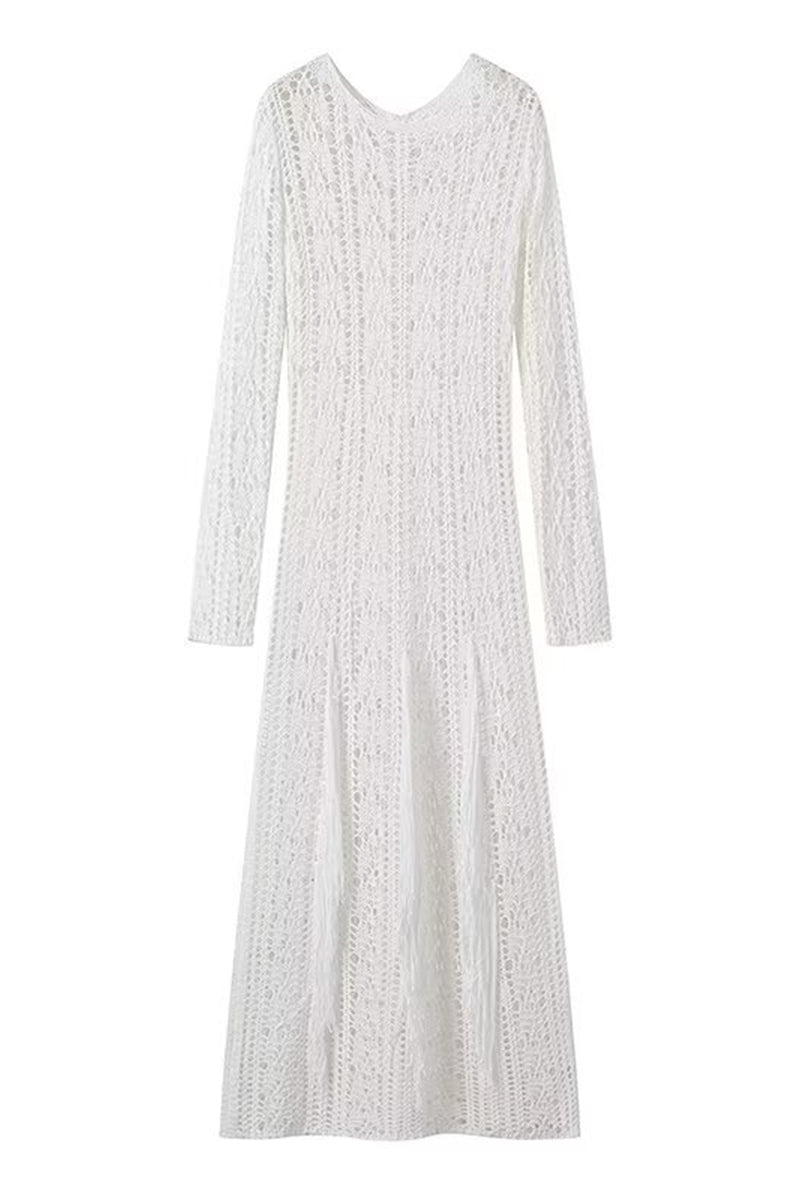 Solid Color Hollow Out Tassel O Neck One Step Skirt Dresses