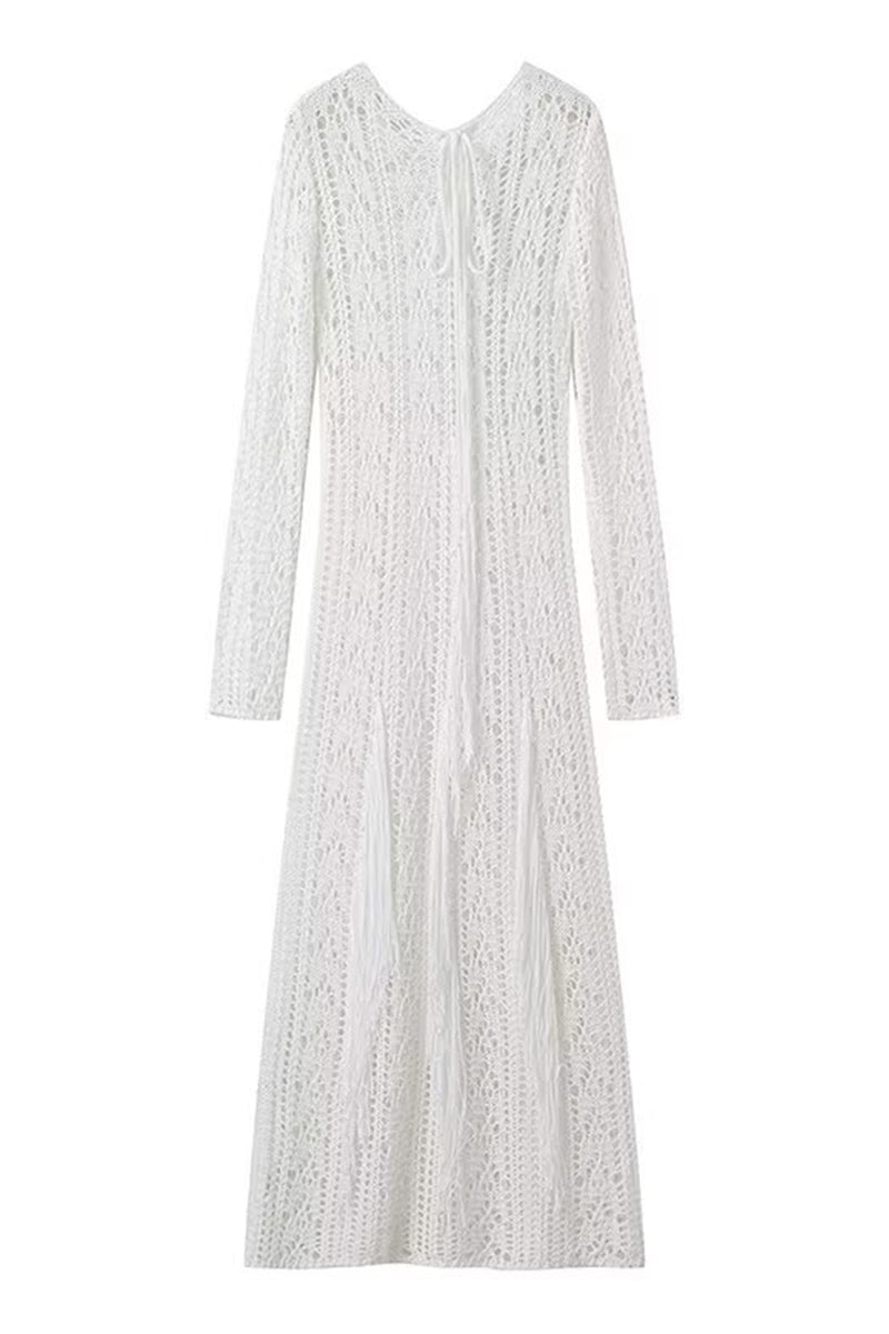 Solid Color Hollow Out Tassel O Neck One Step Skirt Dresses