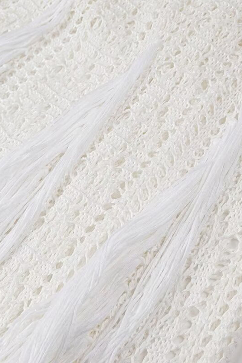 Solid Color Hollow Out Tassel O Neck One Step Skirt Dresses