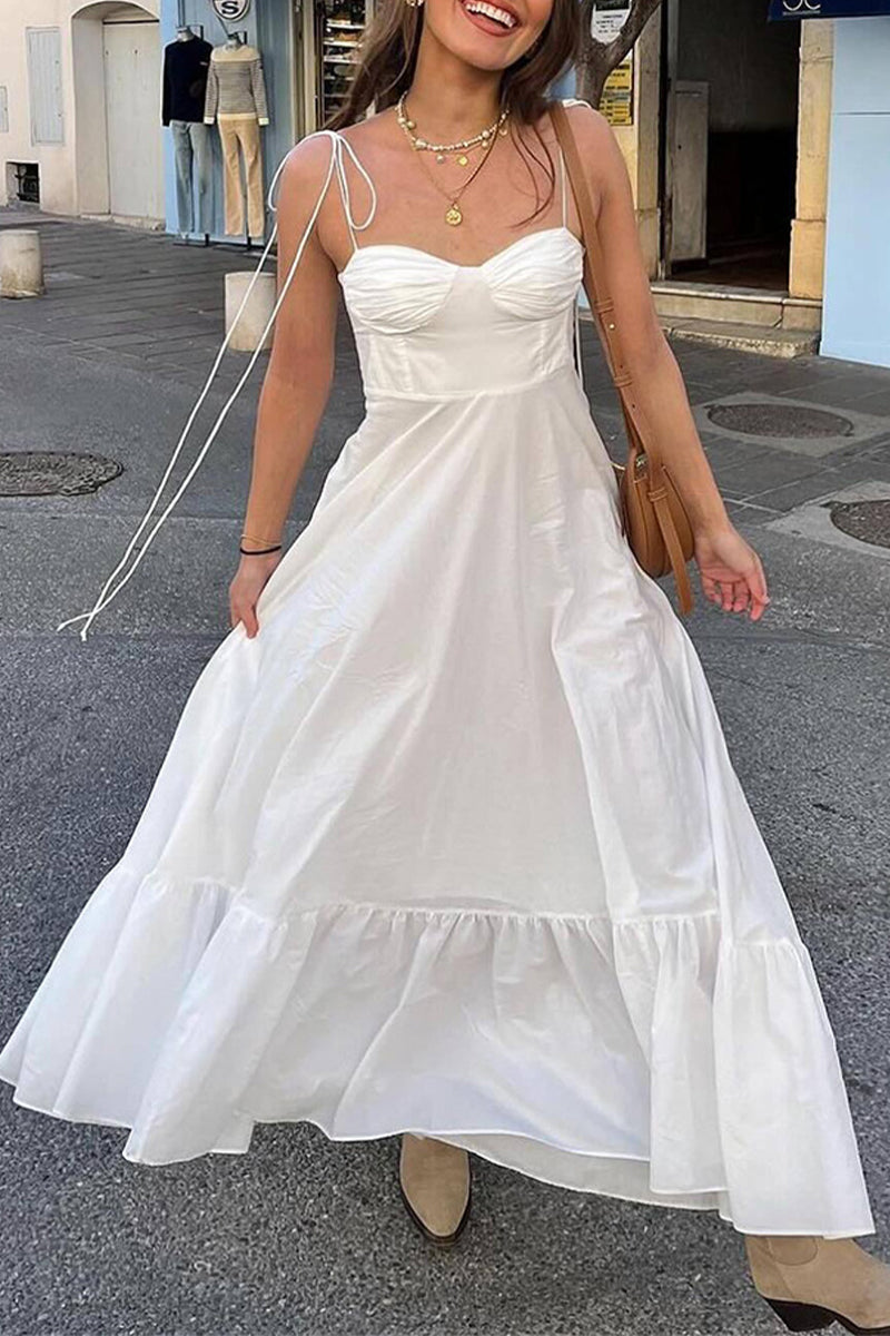 Lace Up Ruched Ruffle Hem V Neck Sling Dresses