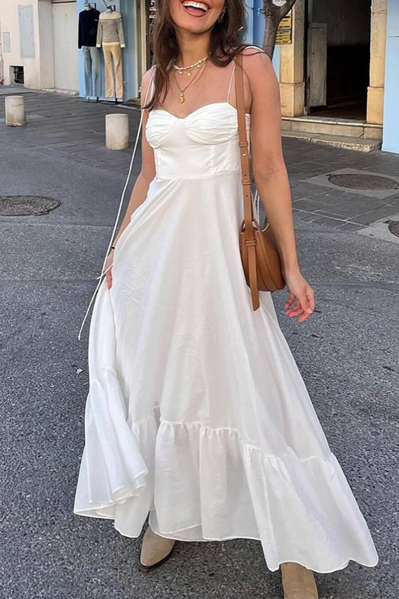 Lace Up Ruched Ruffle Hem V Neck Sling Dresses