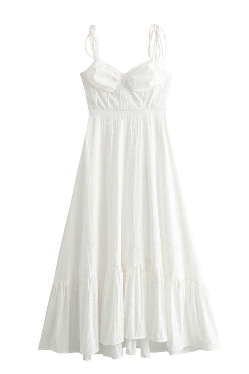 Lace Up Ruched Ruffle Hem V Neck Sling Dresses