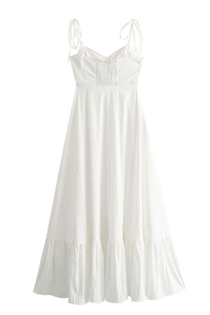 Lace Up Ruched Ruffle Hem V Neck Sling Dresses