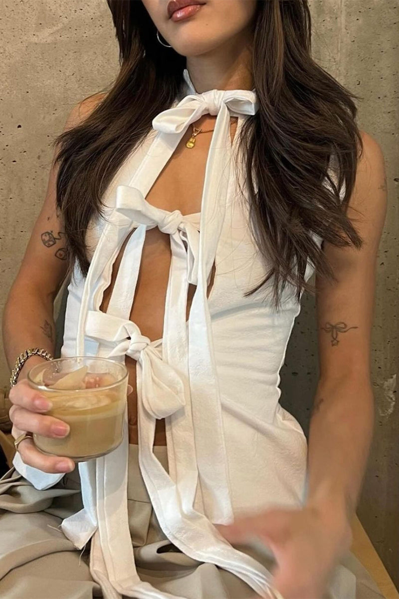 Solid Color Lace Up V Neck Tops
