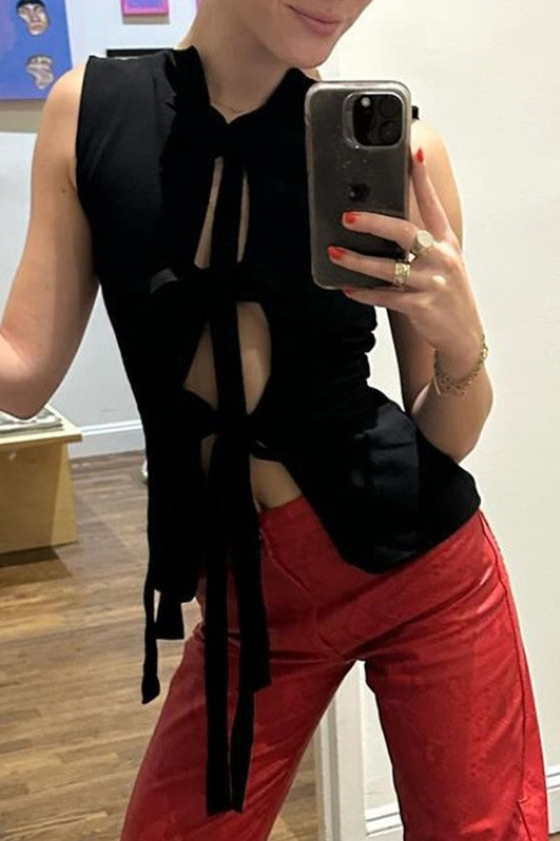 Solid Color Lace Up V Neck Tops