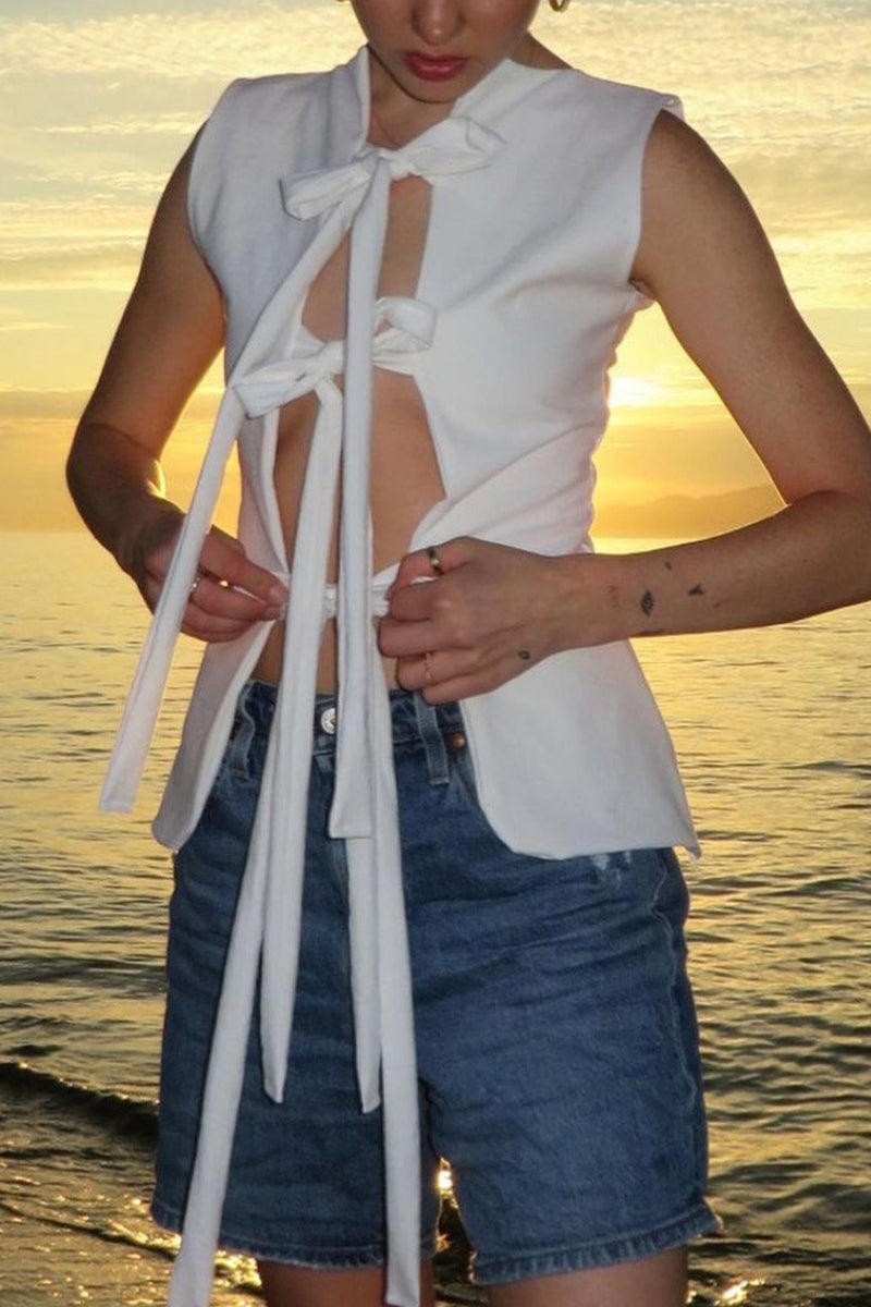 Solid Color Lace Up V Neck Tops