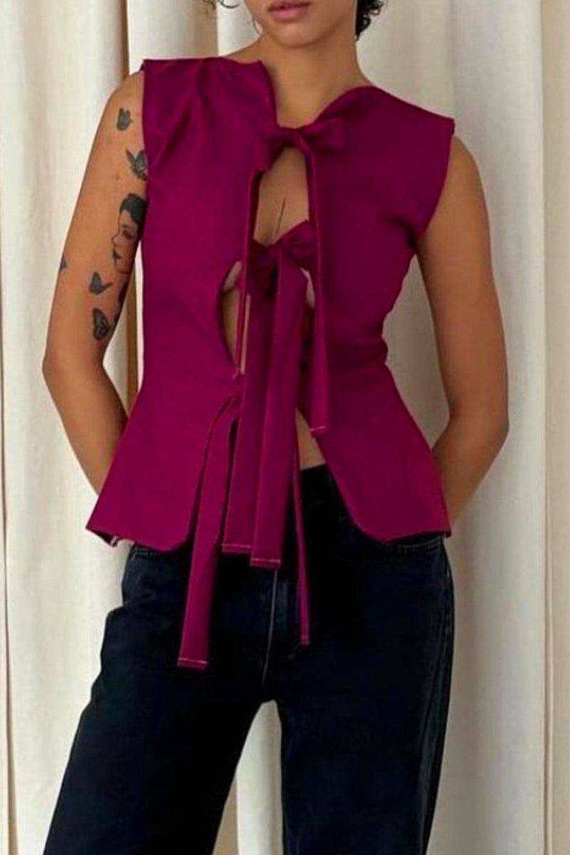 Solid Color Lace Up V Neck Tops