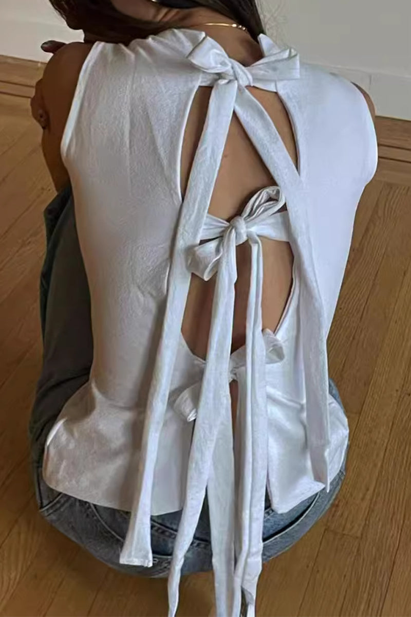Solid Color Lace Up V Neck Tops