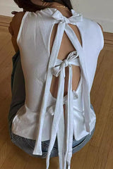 Solid Color Lace Up V Neck Tops