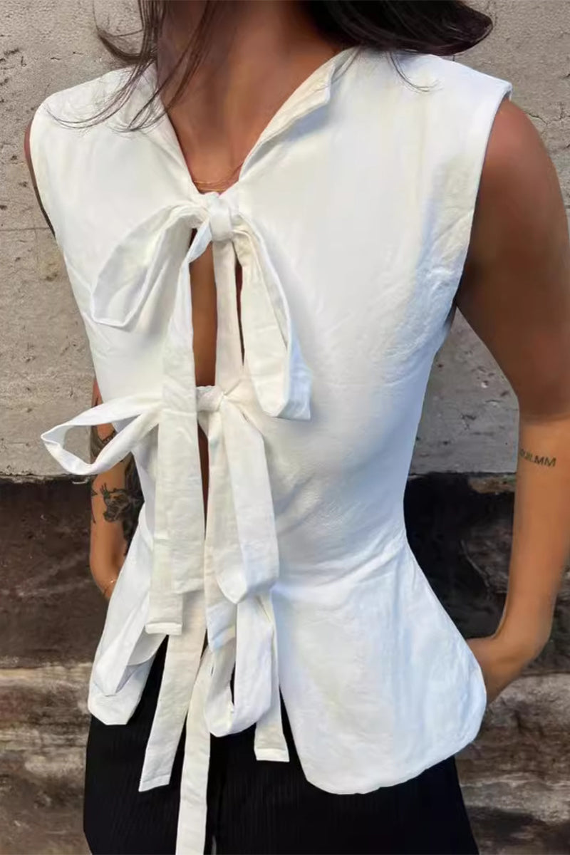 Solid Color Lace Up V Neck Tops