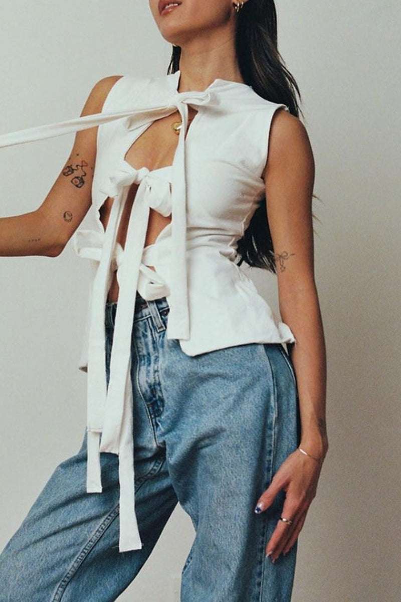Solid Color Lace Up V Neck Tops