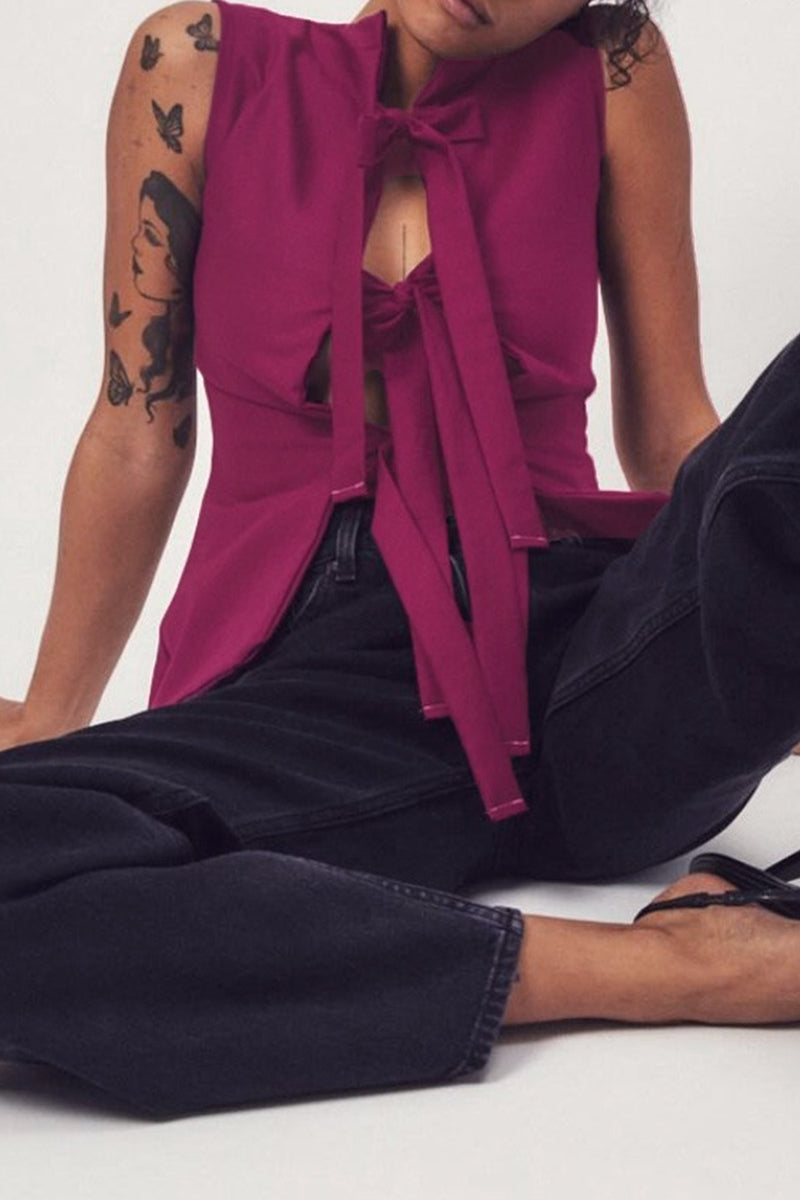 Solid Color Lace Up V Neck Tops
