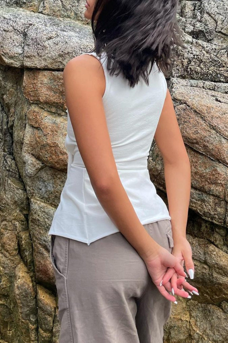 Solid Color Lace Up V Neck Tops