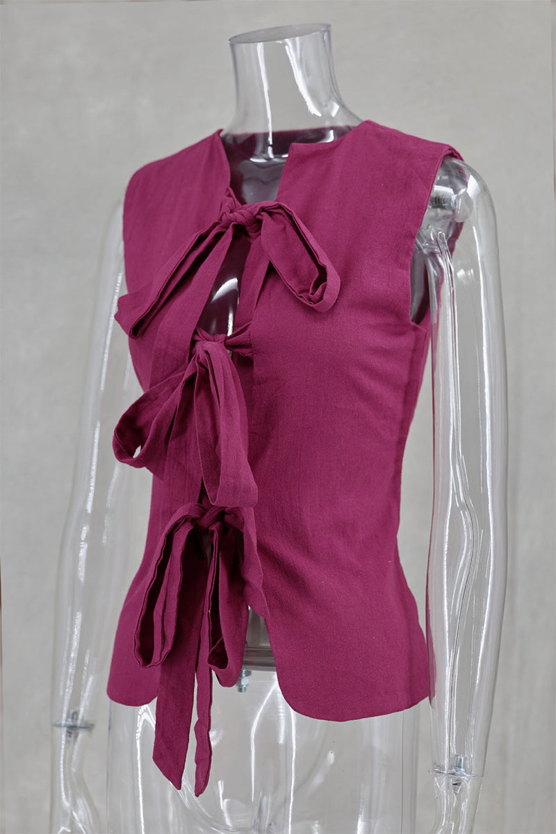 Solid Color Lace Up V Neck Tops