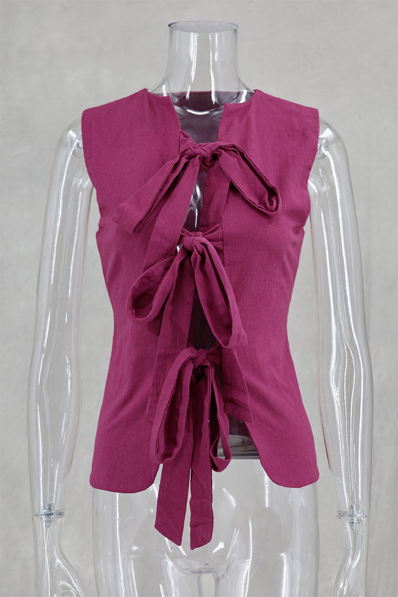 Solid Color Lace Up V Neck Tops