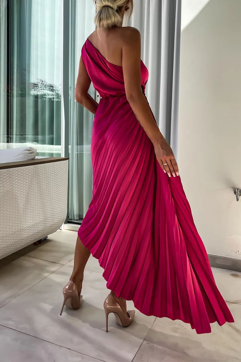 Solid Color Appliques Ruched Irregular Oblique Collar Pleated Dresses(5 Colors)