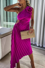 Solid Color Appliques Ruched Irregular Oblique Collar Pleated Dresses(5 Colors)