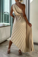 Solid Color Appliques Ruched Irregular Oblique Collar Pleated Dresses(5 Colors)