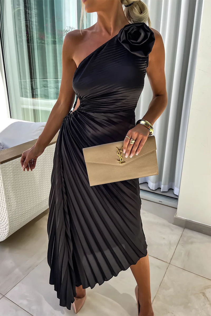 Solid Color Appliques Ruched Irregular Oblique Collar Pleated Dresses(5 Colors)