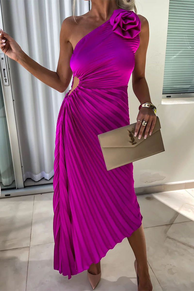Solid Color Appliques Ruched Irregular Oblique Collar Pleated Dresses(5 Colors)