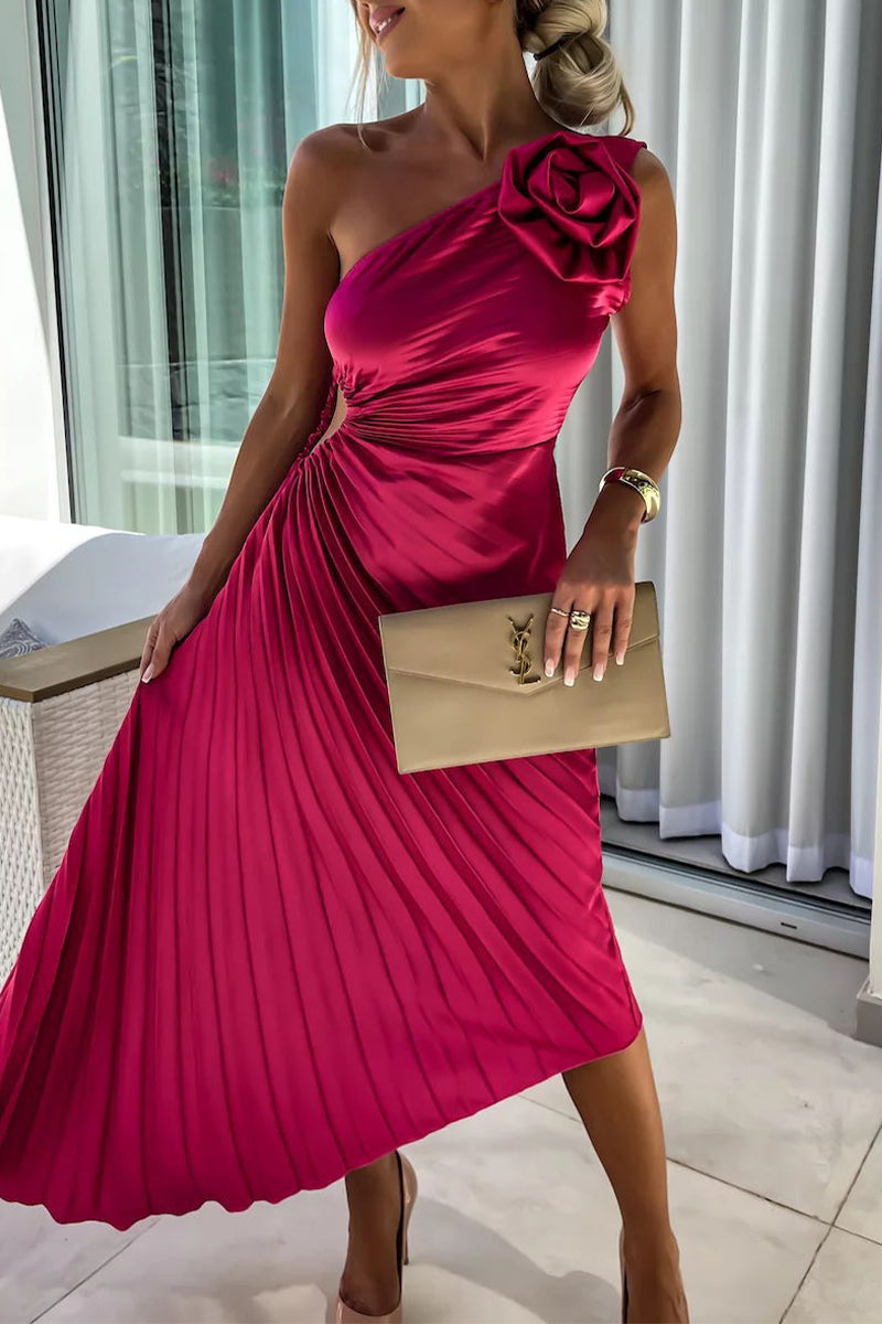Solid Color Appliques Ruched Irregular Oblique Collar Pleated Dresses(5 Colors)