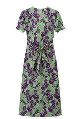 Floral Print Lace Up Ruched V Neck A Line Dresses