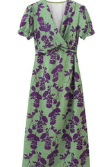 Floral Print Lace Up Ruched V Neck A Line Dresses